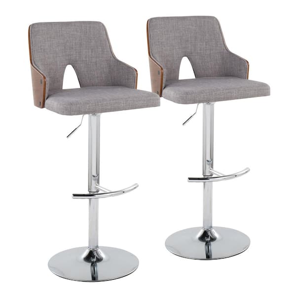 Lumisource Stella 34 in. Light Grey Fabric, Walnut Wood and Chrome Metal Adjustable Bar Stool with Rounded T Footrest (Set of 2)