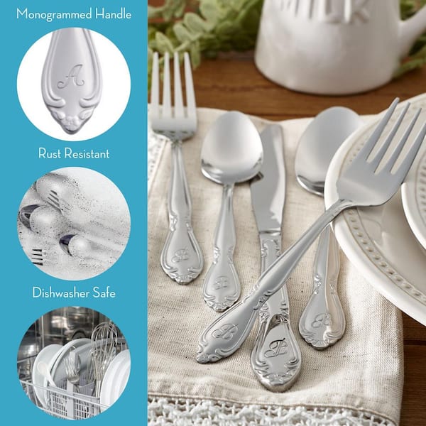 RiverRidge Home Rose Monogrammed Letter R 46-Piece Silver