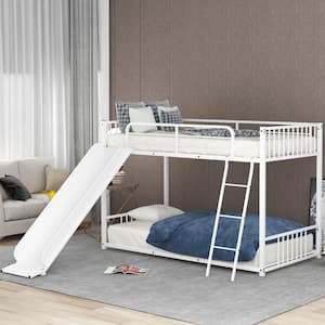 White Metal Twin Size Bunk Bed with Slide Twin Over Twin Kids Bunk Bed with Safety Guard Rails and Metal Frame