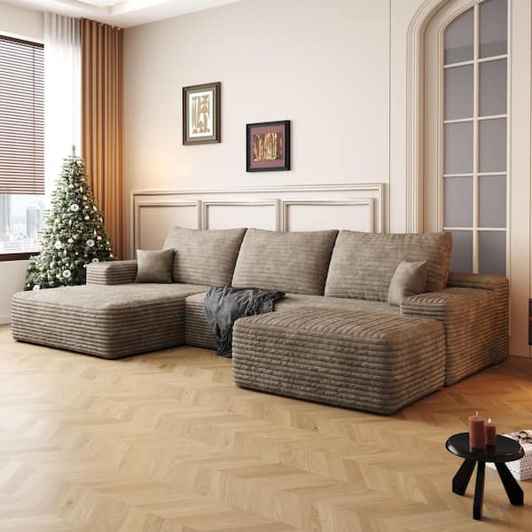 107 in. Square Arms 3-Seat Corduroy Modular Sectional Sofa with Ottoman and Chaise in Camel, Deep Seat Compressed Sofa