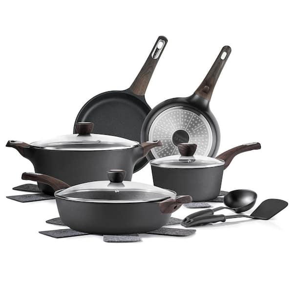 14-Piece Black Nonstick Aluminum Cookware Sets, Ceramic Pots and Pans Set, Non-toxic, All Stoves Compatible