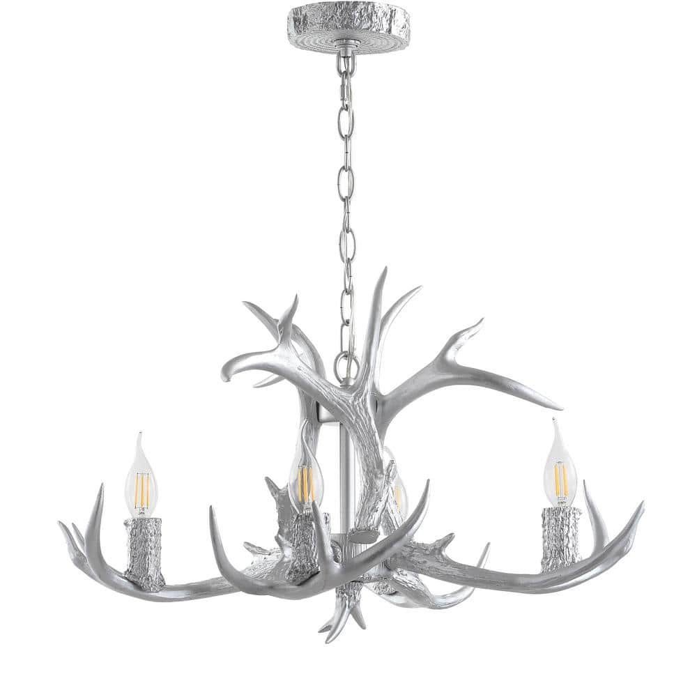 Eldora Rustic 26" Chrome Resin Antler 4-Light LED Chandelier