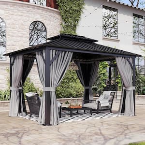 12 ft. x 10 ft. Aluminum Galvanized Steel Double Roof Hardtop Gazebo with Curtains and Netting