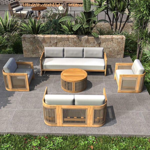 Guzal 5-Piece Acacia Wood Patio Outdoor Conversation Set with Cream Cushions