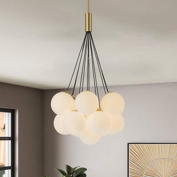 HUOKU Galaxy 13-Light 20 in. Brass Modern Foyer Chandelier Linear Globe Cluster Bubble Chandelier with Opal Glass Shades
