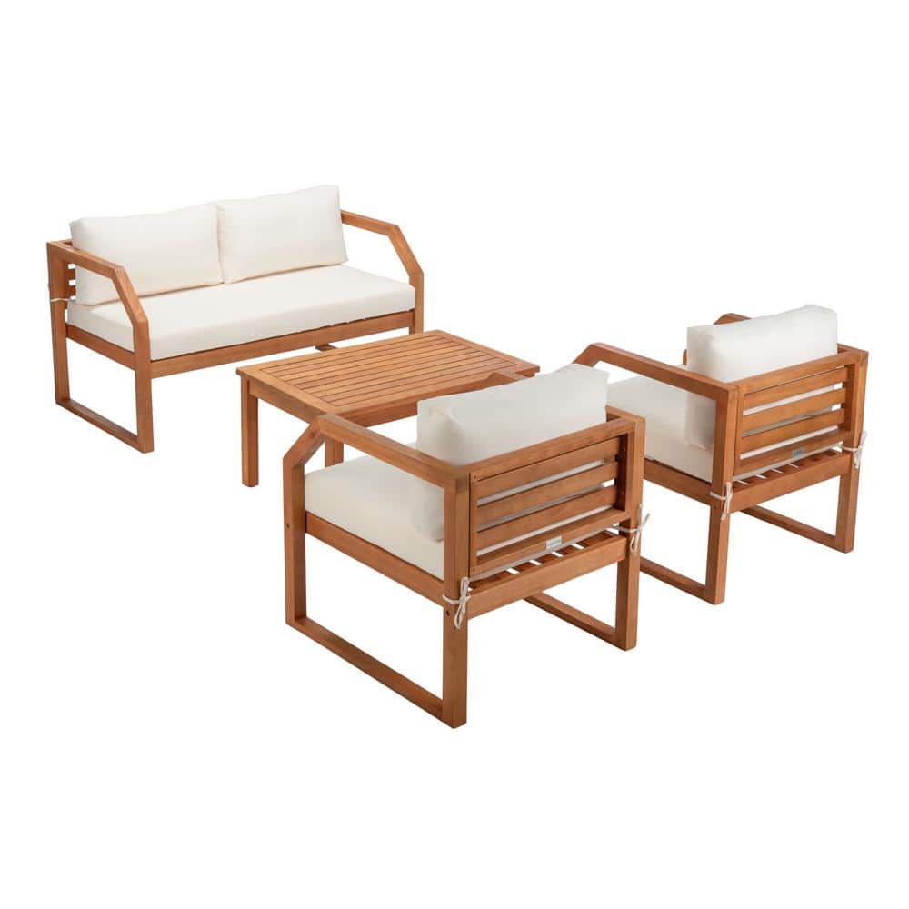 Natural Eucalyptus Wood 4-Piece Outdoor Living Set with Beige Cushions