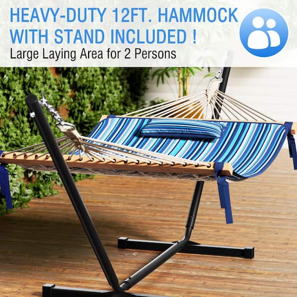 2-Person Blue Stripes 12 ft. Heavy-Duty Hammock with Stand and Detachable Pillow, 450 lbs. Capacity