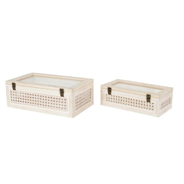 Litton Lane 14 in. and 12 in. Cream White Handmade Woven Rectangle Wood Storage Box with Tempered Glass Tops (Set of 2)