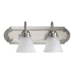 Traditional 18 in. W 2-Lights Satin Nickel Vanity Light with Faux Alabaster Glass