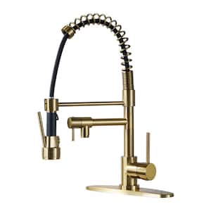 2-Spout Single Handle Pull Down Sprayer Kitchen Faucet with Advanced Spray in Solid Brass Brushed Gold