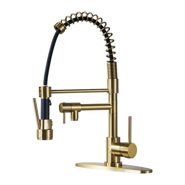 IVIGA 2-Spout Single Handle Pull Down Sprayer Kitchen Faucet with Advanced Spray in Solid Brass Brushed Gold
