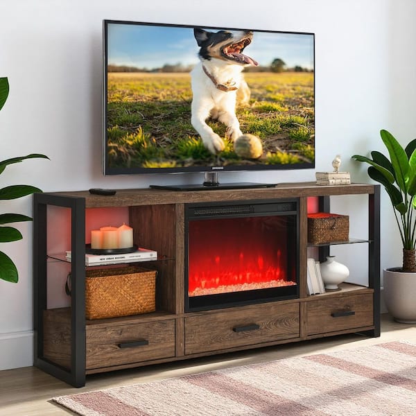 ToolCat 60 in. Freestanding Ultra Thin Tempered Glass Front Smart Electric Fireplace and TV Stand with Remote in Brown