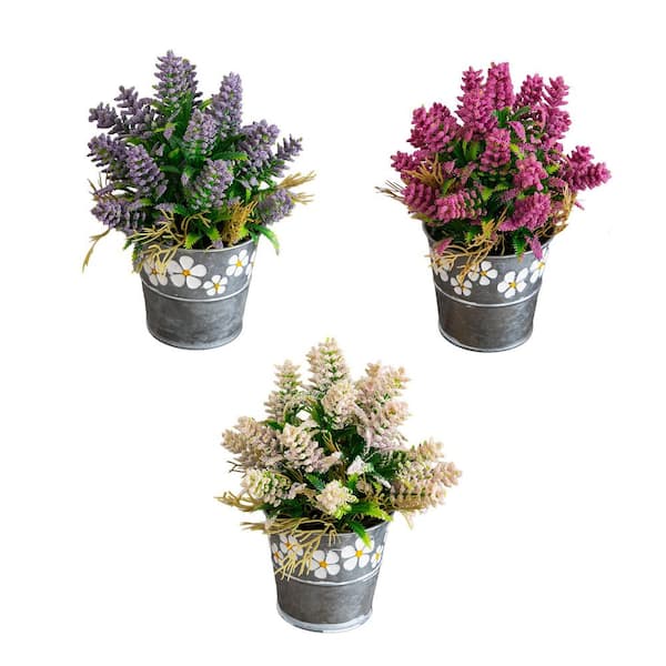 8 in. Multi-Colored Artificial Lush Mixed Lavender Plant in Decorative Daisy Tin Planter - Set of 3
