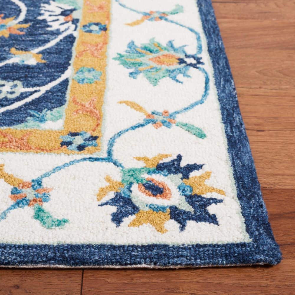 Ivory and Blue Handmade Tufted Wool Area Rug, 8' x 10'