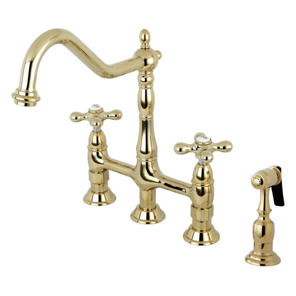 Kingston Brass Heritage 2-Handle Bridge Kitchen Faucet with Side Sprayer in  Polished Brass HKS1272AXBS