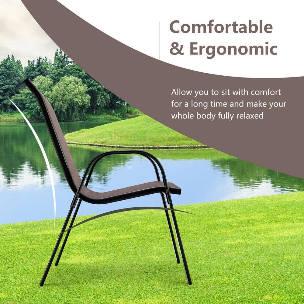 Brown Stackable Patio Dining Chairs with Curved Armrests