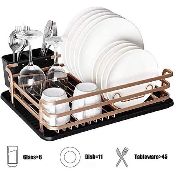 Tomorotec Never Rust Aluminum Dish Rack and Drain Board with Utensil  Holder, 2-Tier Kitchen Plate Cup Dish Drying Rack Tray Cutlery Dish Drainer  (Matt Rose Gold) 