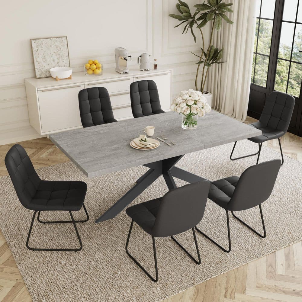Modern 7-Piece Extendable Rectangle Gray MDF Top Dining Room Set Seating 6 People 66.9 in. with 6 U-shaped Black Chairs price history on PriceWatchPro