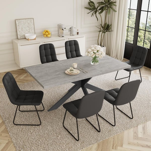 Modern 7-Piece Extendable Rectangle Gray MDF Top Dining Room Set Seating 6 People 66.9 in. with 6 U-shaped Black Chairs