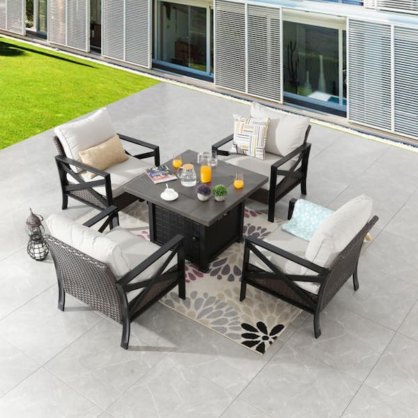 Patio Festival 5-Piece Metal Patio Conversation Set, Beige Cushions