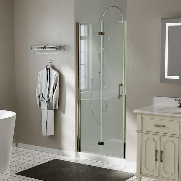 32 in. - 33 in. W x 72 in. H Pivot Bi-Fold Frameless Bath Alcove Shower Door in Brushed Nickel with 1/4 in. Clear Glass