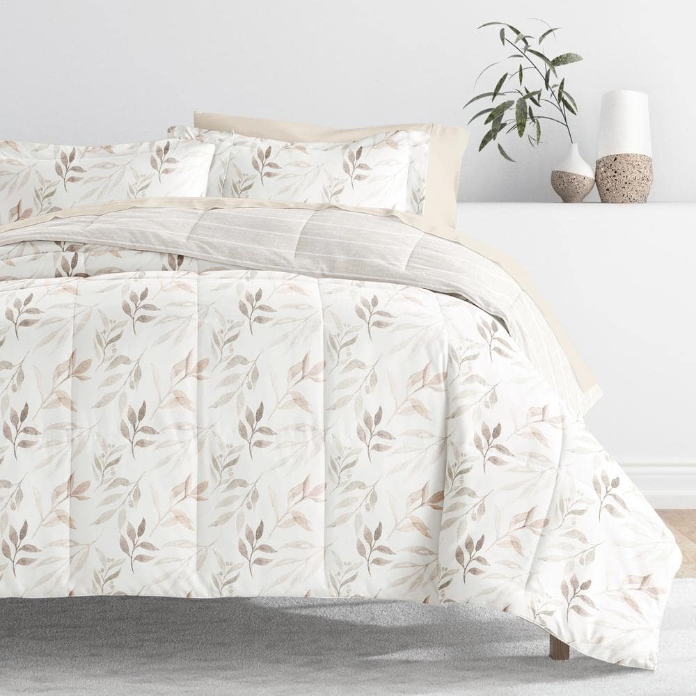 Ivory Floral Queen Microfiber Reversible Bedding Set