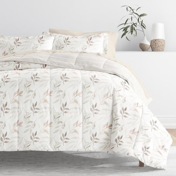Becky Cameron 7-Piece Foliage Stripe Ivory Pattern Comforter Queen Microfiber Bedding Bundle