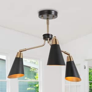 Flumie 22 in. 3-Light Black Semi-Flush Mount, Industrial Brass Gold Ceiling Light with Metal Cone Shades