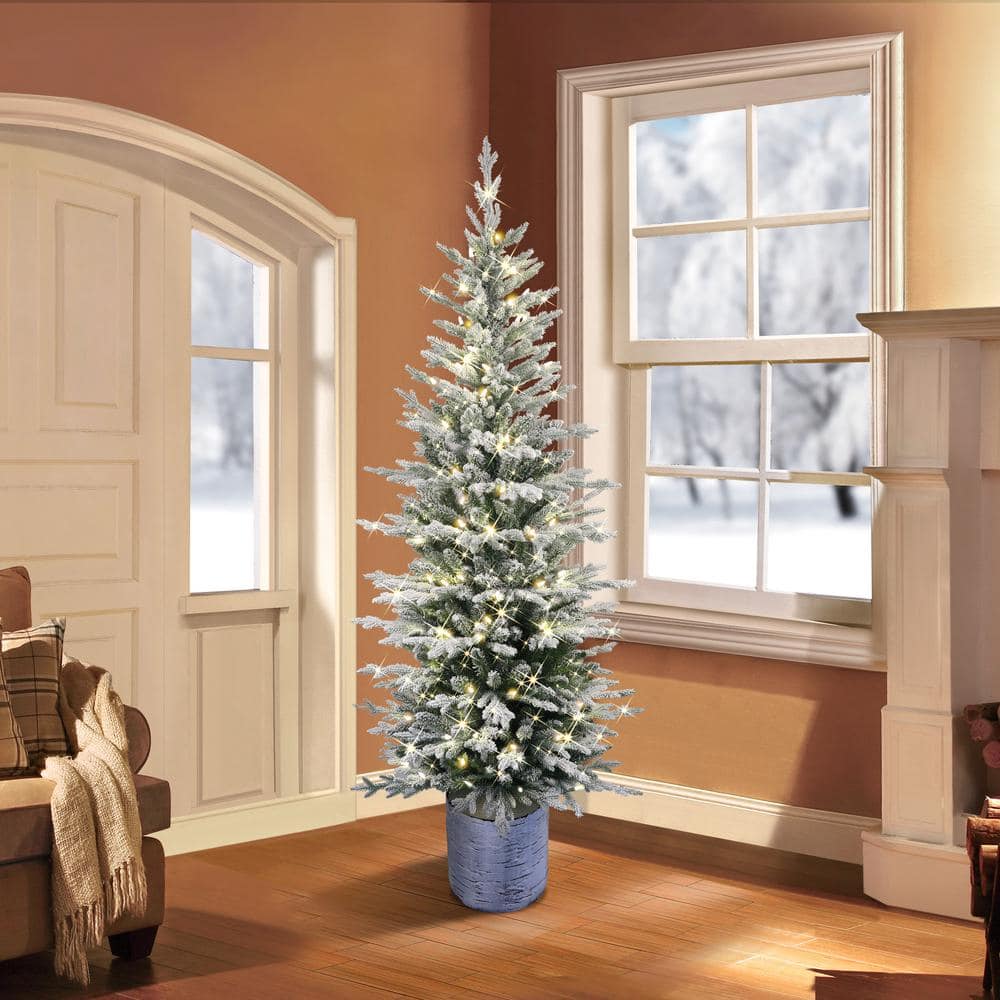 6-Foot White Flocked Fir Prelit Potted Christmas Tree