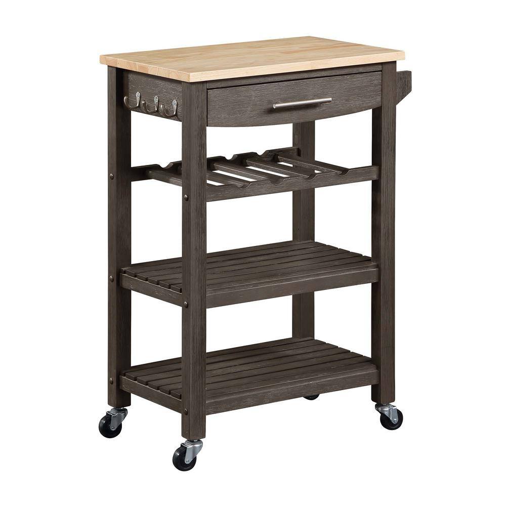 Gray Rubberwood Butcher Block Kitchen Cart with Wine Rack
