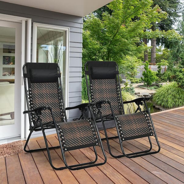 Folding Rattan Zero Gravity Metal Outdoor Lounge Chair in Brown 2