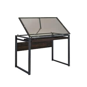 24 in. Rectangular Black, Brown Wood Writing Desk with Adjustable Smoked Glass Top