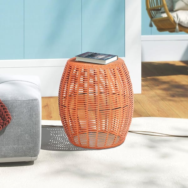 Maypex 18 in. Wicker Garden Stool, Outdoor Ottoman, Patio Side Table - Orange