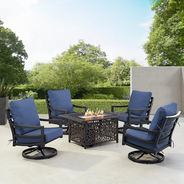 Oakland Living Black 6-Piece Aluminum Patio Fire Pit with 4-Club Chairs Blue Cushions