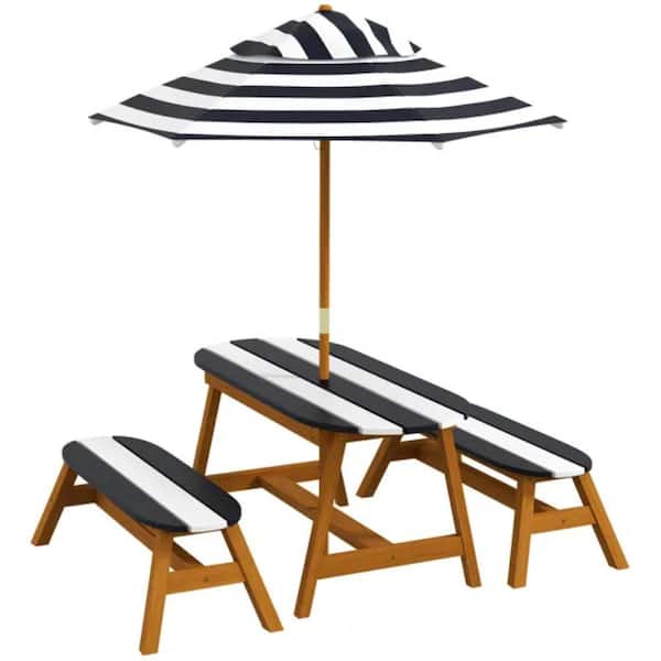 Unbranded 41.3 in. Brown Rectangle Wood Kids Picnic Tables Seats 2 People with Umbrella Hole, 2 Benches and Foldable Umbrella