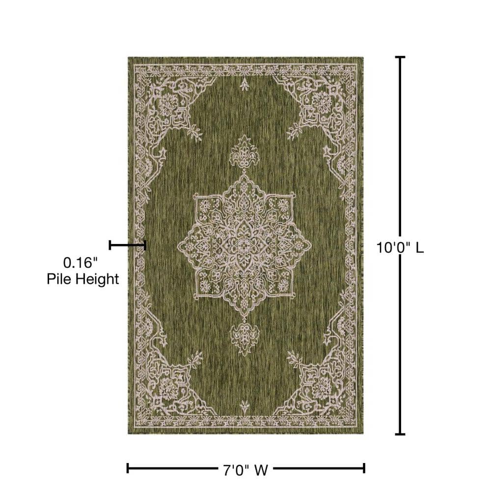 Green Rectangular Stain-Resistant Outdoor Area Rug