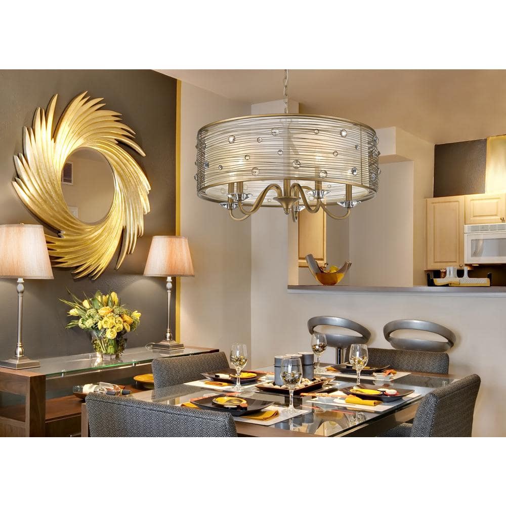 Elegant Peruvian Gold 5-Light Chandelier with Crystal Accents and Sheer Shade