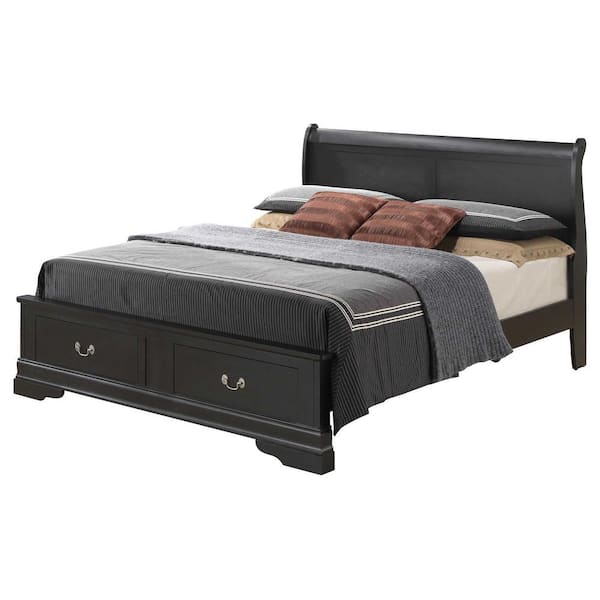 AndMakers Louis Philippe Black King Storage Wood Panel Bed