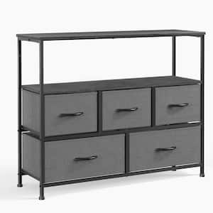 39 in. W x 12 in. D x 31 in. H Gray Wood Freestanding Linen Cabinet 5-Drawer Dresser with Open Shelf and Adjust Feet
