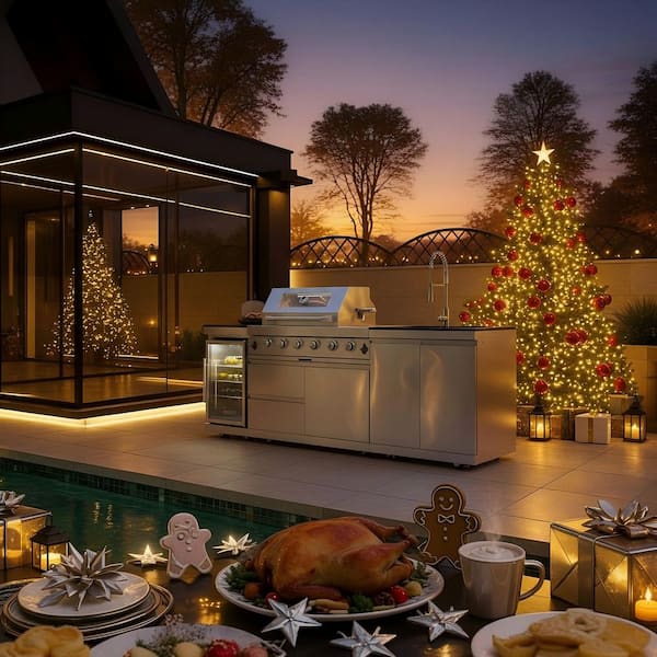 4-Burner Propane Gas Grill Island Outdoor Kitchen with Rotisserie Refrigerator Sink Storage in Stainless Steel