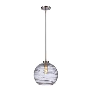 1-Light Brushed Nickel Globe Pendant Light Fixture with Clear Wave Glass Shade