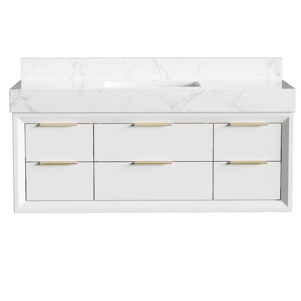 Solidoak 48 in. W x 20.9 in. D x 21.3 in. H Single Sink Bath Vanity in White with White Cultured Marble Top, night light