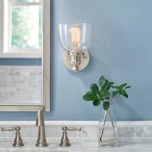 Evelyn 6 in. 1-Light Brushed Nickel Modern Industrial Wall Mount Sconce Light with Clear Glass Shade