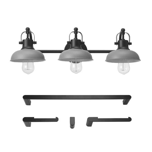 Globe Electric Gladstone 24 in. 3-Light Matte Black Vanity Light with Matte Gray Shades, 4-Piece Bathroom Accessory Set Included