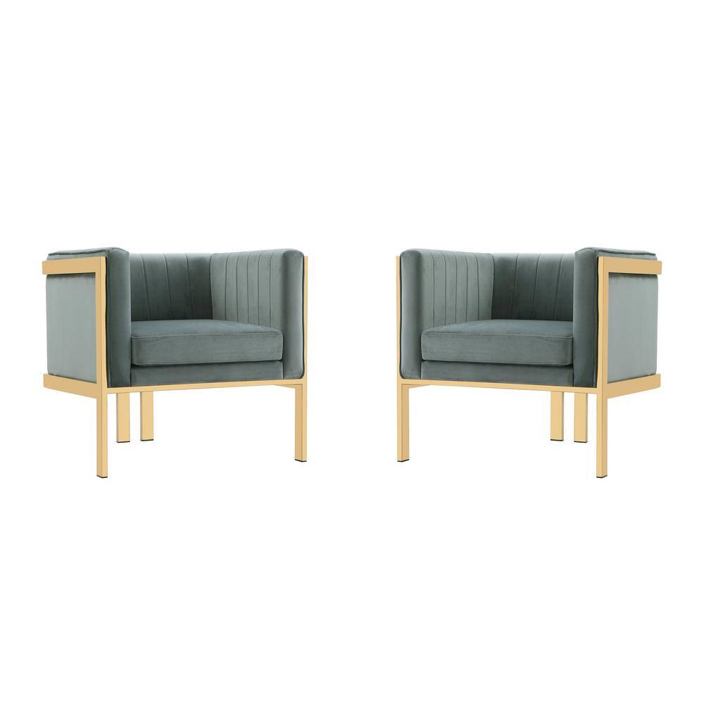 Set of 2 Gray Velvet Barrel Accent Chairs with Metal Frame