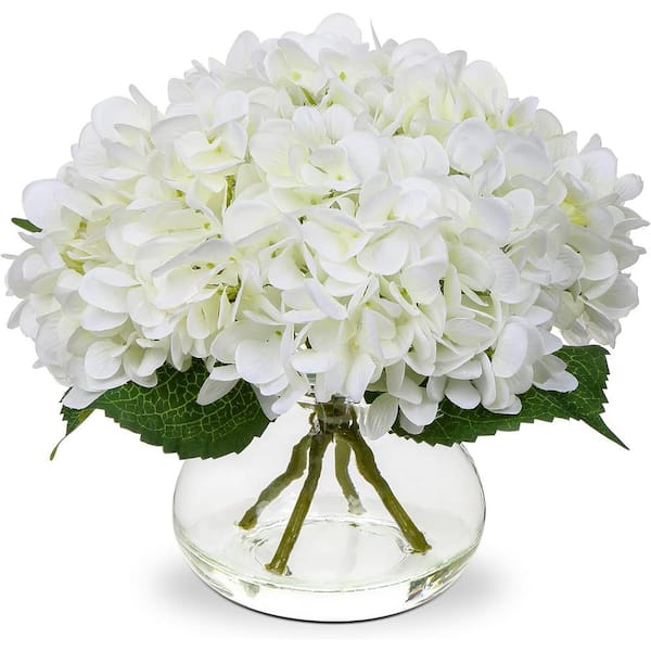 9.5 in. White Indoor Artificial Hydrangea Flowers in Glass Vase
