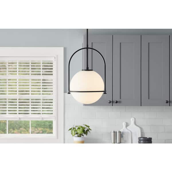 Home Decorators Collection Owens 1-Light Matte Black Pendant Light Fixture with Globe Glass Shade