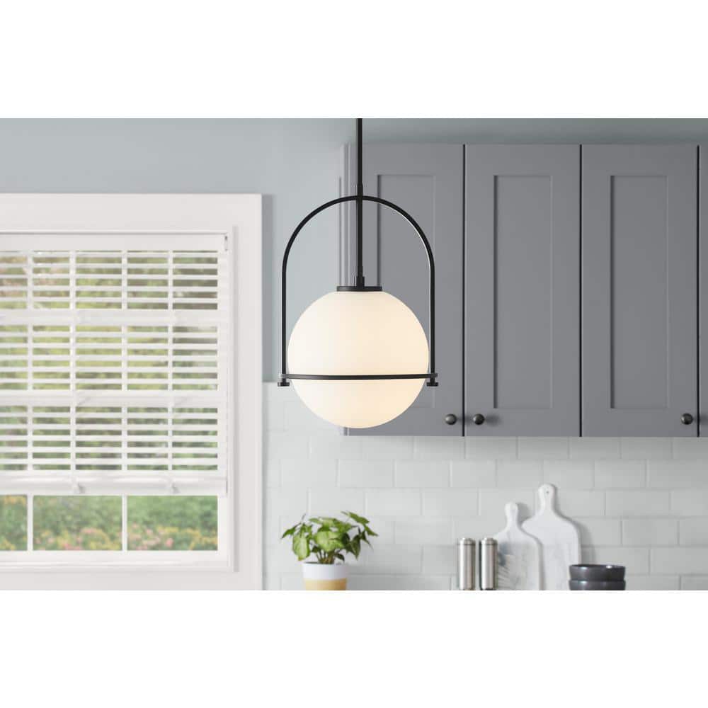 Matte Black Metal Pendant Light with Frosted Glass Globe Shade