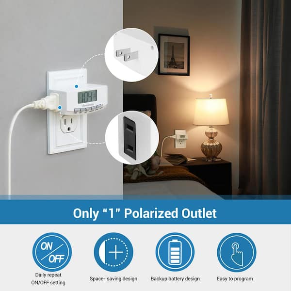 24-Hour Indoor Plug-in Digital Programmable Chronologic Timers for Electrical Outlets with 1-Polarized Plug, 2-Pack