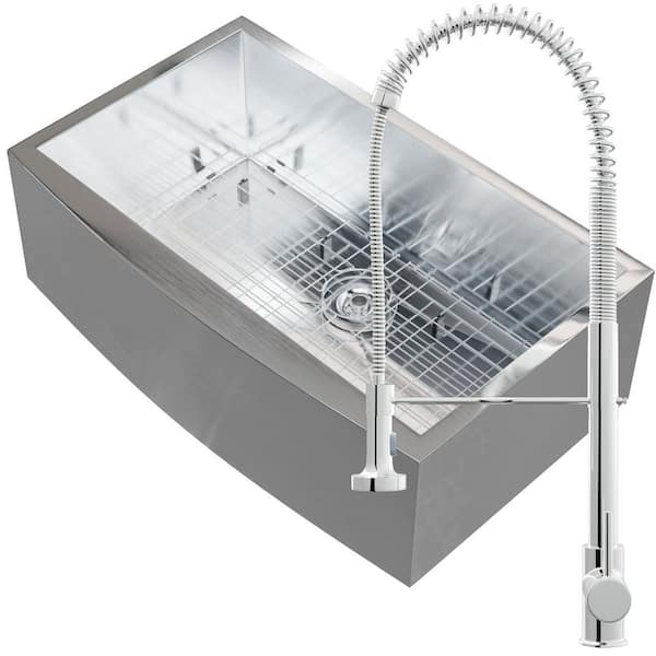 Zero Radius 33 in. Single Bowl Farmhouse 18-Gauge Stainless Steel Kitchen Sink with Bottom Grid, CH Faucet, Drain, Lid